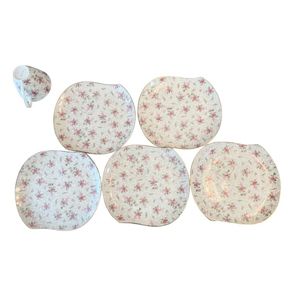 Rare Vintage Inarco Japan Chintz Rose Pattern Snack Plates & Cups, 5 sets - Picture 6 of 7